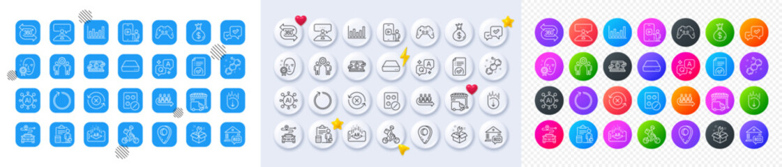 Chemical formula, Loop and Spanner line icons. Square, Gradient, Pin 3d buttons. AI, QA and map pin icons. Pack of Mini pc, Copywriting notebook, Delivery truck icon. Vector