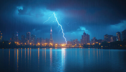 Fototapeta premium Lightning strike illuminating cityscape during night storm