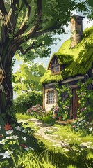 Obraz premium A northern European style house with grass and flowers on the walls. In front of the house is a garden with big trees in a storybook style with soft round brush strokes.