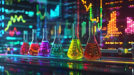 Four brightly lit chemical flasks with colorful solutions are placed in a modern laboratory with data analysis graphs in the background.