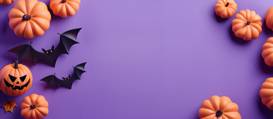 halloween jack o lantern pumpkin in witch hat with a spider. Isolated purple background, copy space for text. For LinkedIn, wallpaper, banner, design, blog, cover, social media, youtube