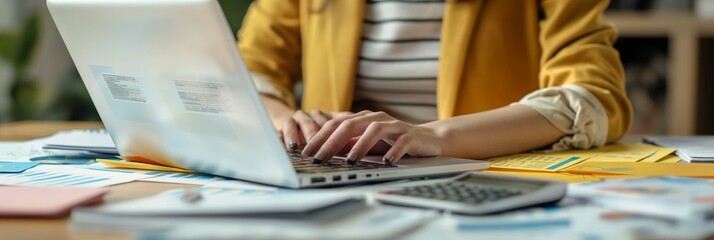 A person in a mustard jacket typing on a laptop, surrounded by files, papers, and a calculator, representing a busy and productive workspace.