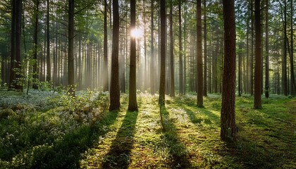 Obraz premium Observing the sunlight filtering through the trees in a forest, surrounded by a natural land