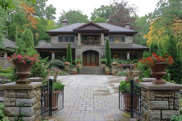 Fototapeta premium Elegant country home front yard with stone walls, large flower pots at entrance, inviting patio, and lush trees and shrubs in natural daytime lighting.