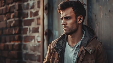 Obraz premium A young man in a brown leather jacket stands against a brick wall, looking thoughtful.