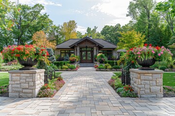 Elegant country home front yard with stone walls, large flower pots at entrance, inviting patio, and lush trees and shrubs in natural daytime lighting.