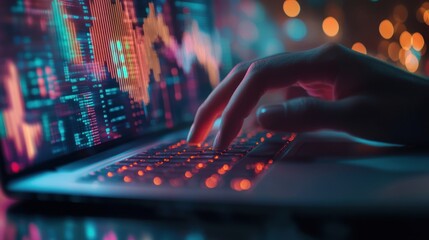 Typing on a Laptop with Stock Market Data in the Background
