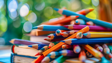 Obraz premium A vibrant collection of colored pencils on notebooks set against a bokeh backdrop, perfect for art or school supply themes.