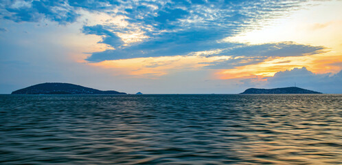 sunset over the adalar, prince islands and sea