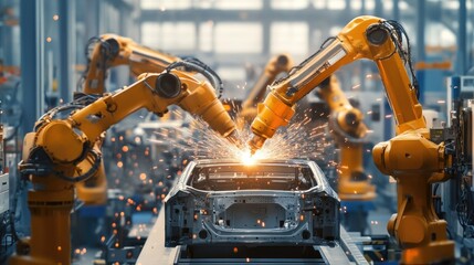 Advanced robotic welding arms on a vehicle assembly line