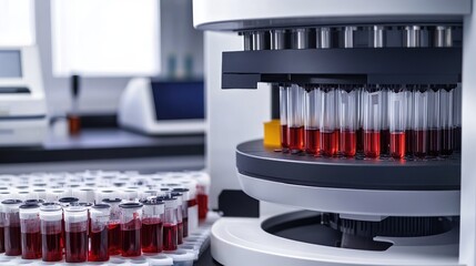 Automated laboratory analyzer processing blood samples in a lab