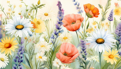 Light and Airy Watercolor Wildflower Pattern with Daisies and Lavender