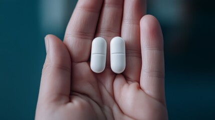 A hand holding two white capsules, symbolizing health and medication, with a blurred background for a clinical feel.