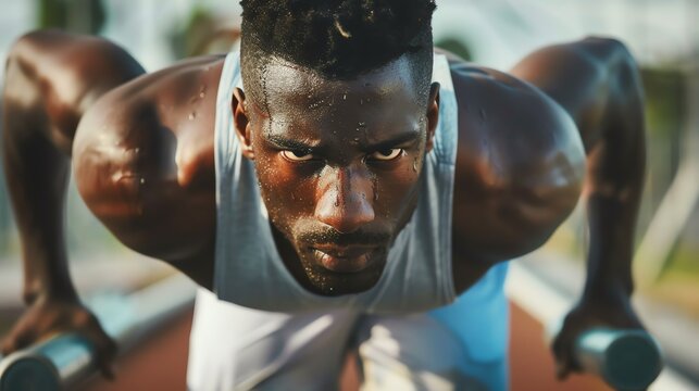 A man doing a dip on the parallel bars at an outdoor gym.