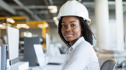 Black female engineer wearing a hardhat and uniforms, Working on a computer in construction factory