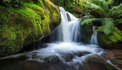 Fototapeta premium Tropical waterfall in the forest cascading over wet moss rocks with green leaves