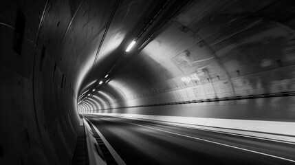 Naklejka premium Black and white photo of a tunnel road with a vanishing point. ..
