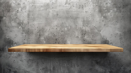 Wooden shelf against rustic grey concrete wall. ..