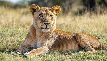 Obraz premium Young lioness resting in the savanna grass watching for danger