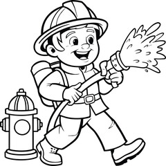 cartoon firefighter man spraying water outline illustration