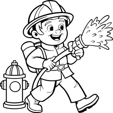 recommend clip art: cartoon firefighter man spraying water outline illustration