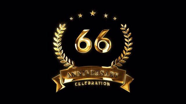 66th Anniversary Celebration. Happy 66 Years Anniversary Animation in Gold Color on the Transparent Background, Alpha Channel. Great for greetings, celebrations, events, and gifts.