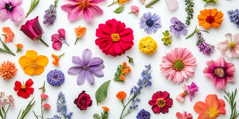 Fototapeta premium A stunning flat lay composition featuring a mix of colorful flowers and petals arranged artistically on a white background, highlighting the beauty and diversity of nature's blooms.