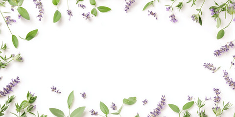 A border of lavender sprigs interspersed with green leaves, artfully arranged in a random yet visually pleasing pattern on a white background for an organic, serene look.
