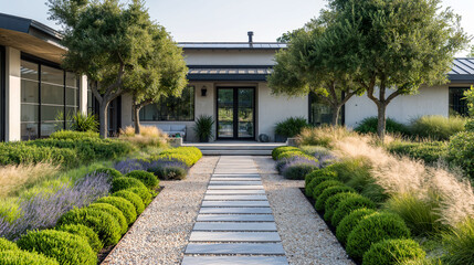 Stone pathway leading to modern home with landscaped garden