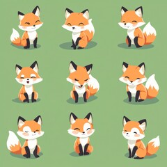 Obraz premium Nine adorable cartoon foxes in various poses with big eyes, bushy tails, and smiling faces sitting on a green background.