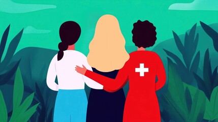 Flat design for a mental health support and crisis aid campaign featuring icons and symbols representing professional care community resources and personal well being