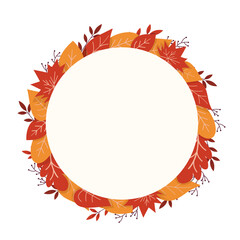 Frame of autumn leaves on white background with place for text. Design element for flyer, invitation, sesonal sale, wedding, festival.