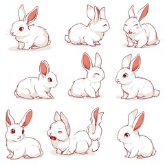 Nine adorable white rabbits with red ears in various poses.