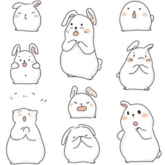 Nine cartoon rabbits with different facial expressions.