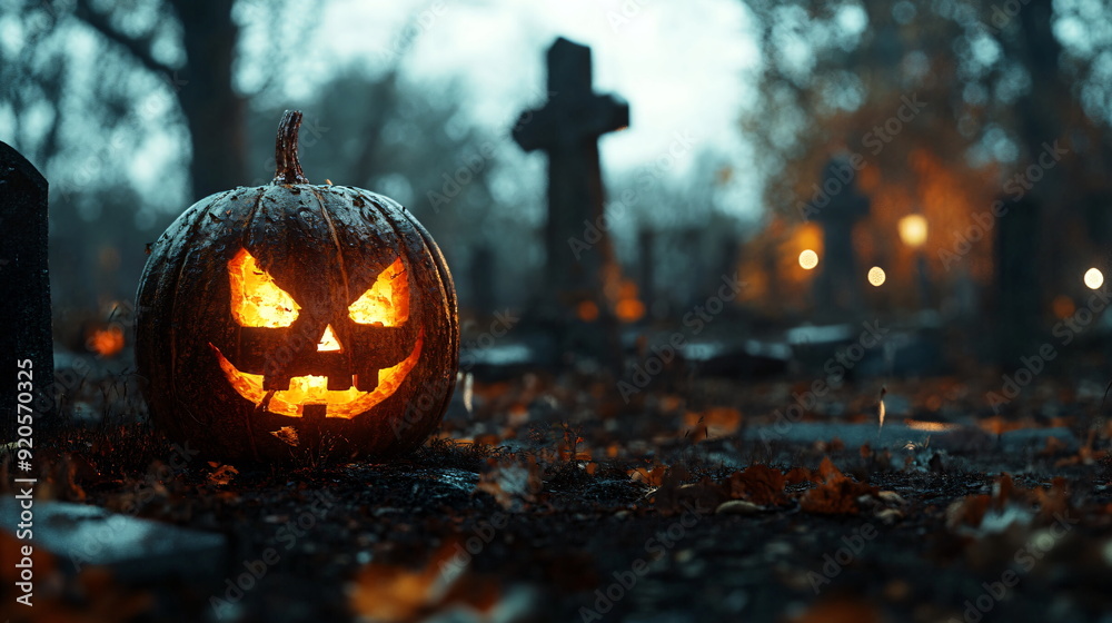 Wall mural halloween pumpkin in the graveyard, spooky, luminous, dark