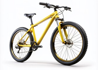 Obraz premium A sleek, bright yellow mountain bike stands upright, isolated on a clean white background, its rugged tires and suspension highlighting its adventurous spirit.