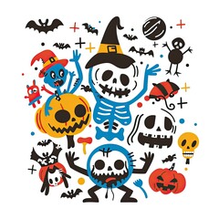 Halloween Party with Skeletons, Pumpkins and Bats
