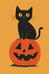 illustration of a cute black cat sitting on top of cute jack-o-lantern pumpkin, Happy Halloween poster