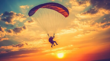 A Parachutist in free fall at the sunset