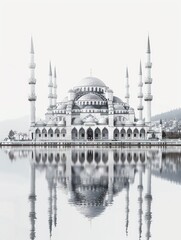 Obraz premium A white mosque with multiple minarets reflected in still water.