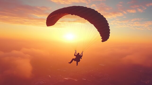 A Parachutist in free fall at the sunset