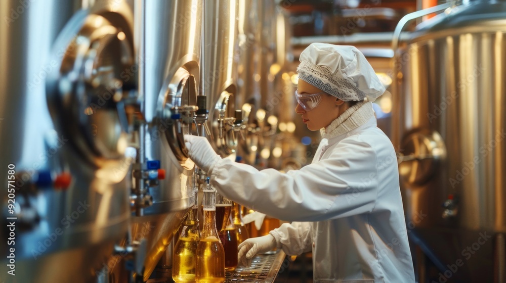 Poster a woman in a white lab coat is working in a lab with a lot of bottles