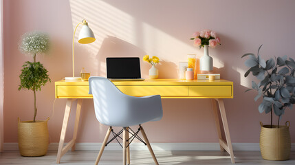 Minimal home office with pastel accents pale yellow and pink color tone