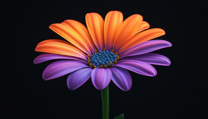Orange and purple daisy flower blooming on black background