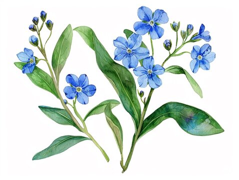 forgetmenot clipart with small blue flowers and green leaves,Clipart, watercolor illustration, Perfect for nursery art The style is handdrawn, white background