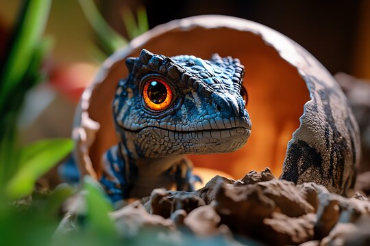 A detailed image of a dinosaur hatching from its egg, with the tiny creature emerging into a world filled with giants