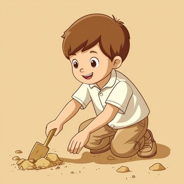 Happy Boy Playing in the Sand with a Shovel