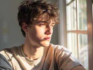 Portrait of caucasian man Indoor setting White t-shirt Thoughtful expression Window light Soft lighting Front view Curly hair