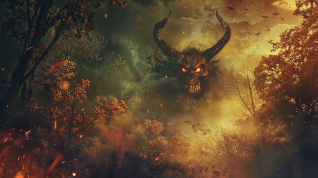 Big scary witch in smoked forest background