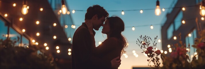 Fototapeta premium A romantic couple embracing under the warm glow of string lights at dusk, surrounded by flowers, evoking love and tenderness.